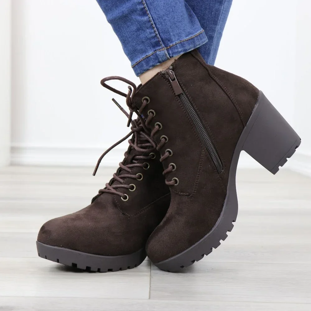 Brown Faux Suede Lace-Up Lug Chunky Block High Heel Ankle Boots - Picture 8 of 12